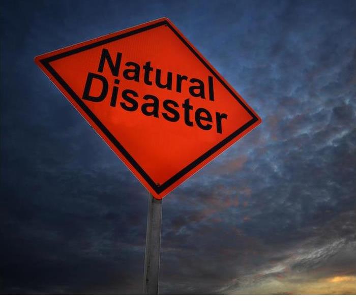 large red diamond shape sign with Natural Disaster written in large black 